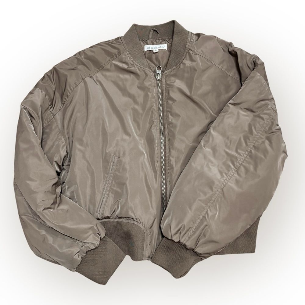 Happily Grey Brown Khaki Bomber Jacket Size L Quilted Lined Cropped Zip Up